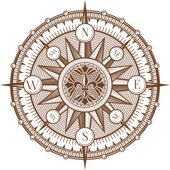Vintage Medieval antique wind rose compass with marine navigation vector arrows. Retro wind rose compass with north, east, west and east star direction for nautical cartography and ship sailing