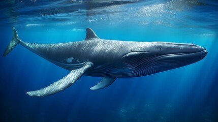 Naklejka premium Close up of a Blue Whale swimming in the clear Ocean. Natural Background with beautiful Lighting