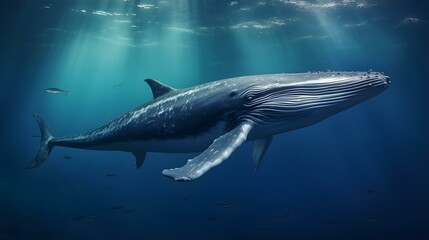 Obraz premium Close up of a Blue Whale swimming in the clear Ocean. Natural Background with beautiful Lighting