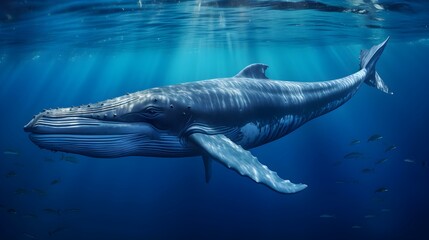 Close up of a Blue Whale swimming in the clear Ocean. Natural Background with beautiful Lighting