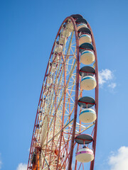 Part of the Ferris wheel. Entertainment concept. Get high. Resort technology. Ferris wheel with cabins.