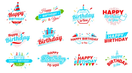 Fotobehang Happy birthday icons. Anniversary event festive calligraphy background, birth day party congratulation handwritten sign or happy birthday greeting text vector banner with cake candles, fireworks © Vector Tradition