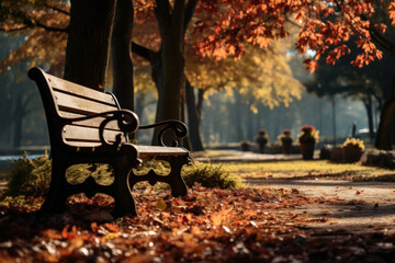 A solitary bench in a park invites passersby to sit and enjoy the tranquil beauty of nature's autumn transformation. Concept of Quiet Contemplation. Generative Ai.