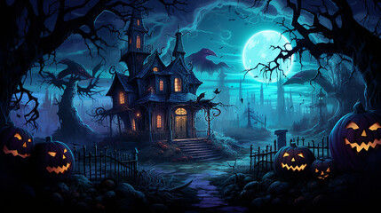 a haunted house with a jack-o-lantern, cartoon illustration