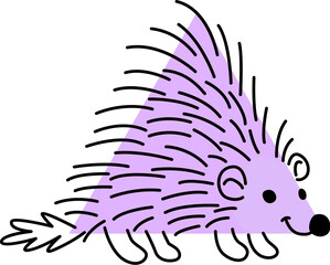Fototapeta na wymiar Cartoon hedgehog animal character with math shape. School kid education geometric figure, funny violet porcupine or hedgehog isolated vector triangle or pyramid shape, animal character sticker
