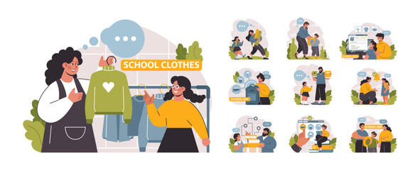 School preparation set. School kids with parents prepare for studying.