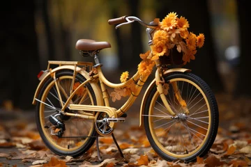 Fototapete Fahrrad A vintage bicycle adorned with a basket of sunflowers and pumpkins embodies the nostalgic charm of autumn. Concept of Retro Ride. Generative Ai.