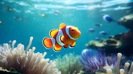 Close up of a Clownfish swimming in the clear Sea. Natural Background with beautiful Lighting