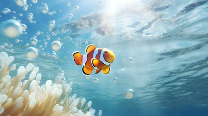 Close up of a Clownfish swimming in the clear Sea. Natural Background with beautiful Lighting