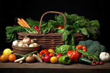 Basket with various types of vegetables and greens. Generative AI