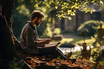 A man reads a book under a tree in a neighborhood park, enjoying the tranquility of nature close to home. Concept of Quiet Escapes. Generative Ai.