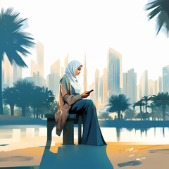 Young arab woman in hijab uses smartphone in arabic city..