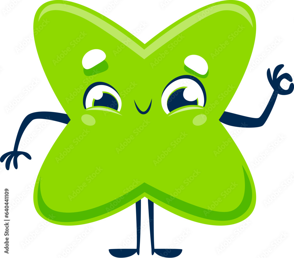 Poster cartoon cute funny math multiplication sign character, vector kid mathematics education. green cross