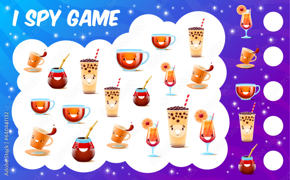 Poster i spy game. cartoon drink characters. object finding quiz, calculation kids playing activity or coun