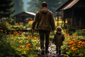 A child and a parent explore a nature trail behind their house, discovering the wonders of local flora and fauna. Concept of Family Adventures. Generative Ai.