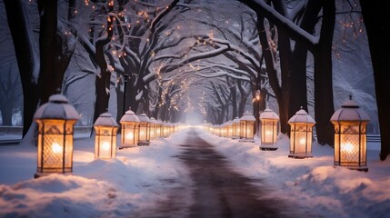 Glowing lanterns leading the way through Winter Wonderland
