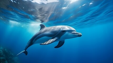 Fototapeta premium Close up of a Dolphin swimming in the clear Ocean. Natural Background with beautiful Lighting
