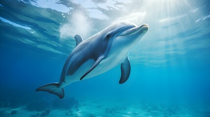 Close up of a Dolphin swimming in the clear Ocean. Natural Background with beautiful Lighting