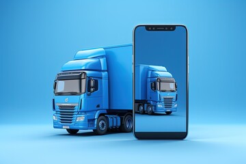 Truck coming out of mobile phone screen, concept of delivery, shopping. Generative AI - obrazy, fototapety, plakaty