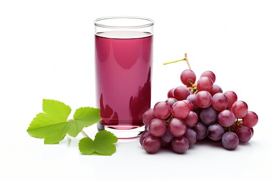 Glass with grape juice and bunches of grapes on the side, white background. Generative AI