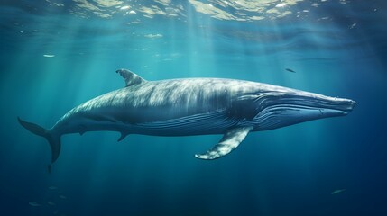 Fototapeta premium Close up of a Fin Whale swimming in the deep Ocean. Natural Background with beautiful Lighting