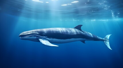 Close up of a Fin Whale swimming in the deep Ocean. Natural Background with beautiful Lighting