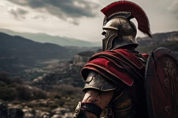 Poster Spartan warrior in armor, battlefield in the background. Generative AI © Deivison