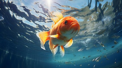 Close up of a Goldfish swimming in the clear Ocean. Natural Background with beautiful Lighting