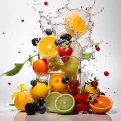 Fresh fruits and flowers in water splashes, dynamic still life on white background isolated