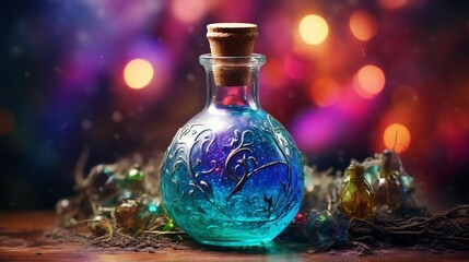 rainbow mist magic background with a Levitating potion bottle
