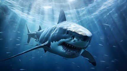 Fototapeta premium Close up of a Great White Shark swimming in the deep Ocean. Natural Background with beautiful Lighting