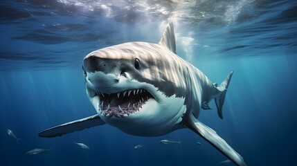 Fototapeta premium Close up of a Great White Shark swimming in the deep Ocean. Natural Background with beautiful Lighting