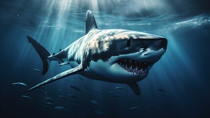 Close up of a Great White Shark swimming in the deep Ocean. Natural Background with beautiful Lighting