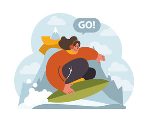 Snowboarding at ski resort. Snowboarder rolling from snowy mountain