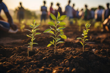 A community gathers for a tree planting event, contributing to the growth and vitality of their local environment. Generative Ai.