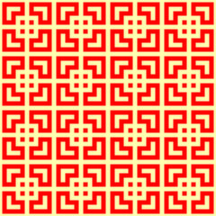 Seamless Chinese window tracery pattern. Repeated stylized red squares on yellow background. Symmetric geometric abstract wallpaper. Trellis motif. Digital paper, textile print. Vector illustration