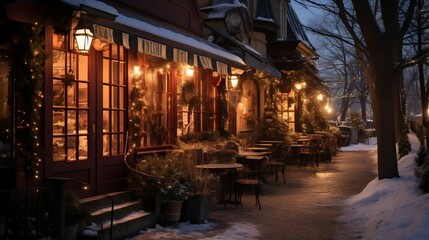 Fototapeta na wymiar A warmly lit café nestled in the heart of Winter Wonderland 