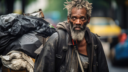 Black homeless garbage collector walking down the city street looking at the camera.
