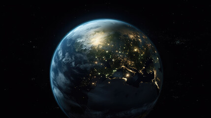 Obraz na płótnie Canvas Sphere of nightly Earth planet in outer space. City lights on planet. Life of people. Solar system element.