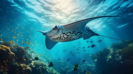 Fototapeta premium Close up of a Manta Ray swimming in the clear Sea. Natural Background with beautiful Lighting