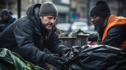 Fototapeta premium Two homeless friends walking down the city street and talking..
