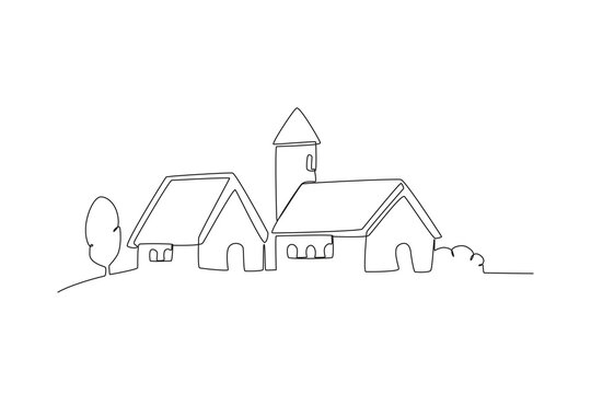 Two traditional houses with trees beside them. Village one-line drawing