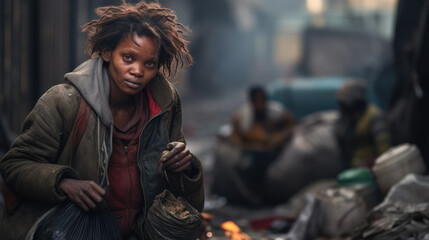 Obraz premium Black homeless woman garbage collector walking down the city street looking at the camera.