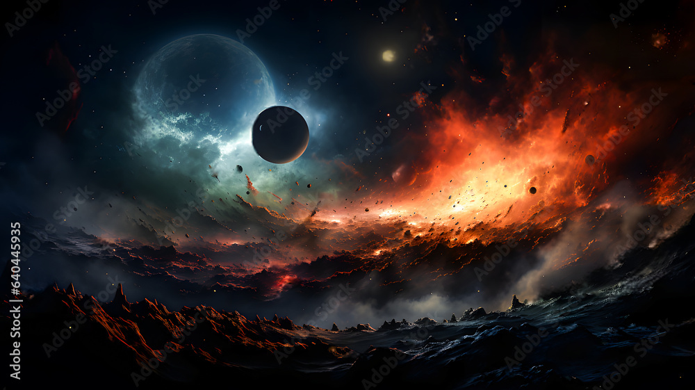 Wall mural space scene with stars, planets and asteroids in the galaxy. panorama. abstract universe filled with