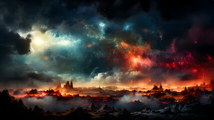 Space scene with stars, planets and asteroids in the galaxy. Panorama. Abstract Universe filled with stars, planets, asteroids, nebula and galaxy. Generative AI technology.