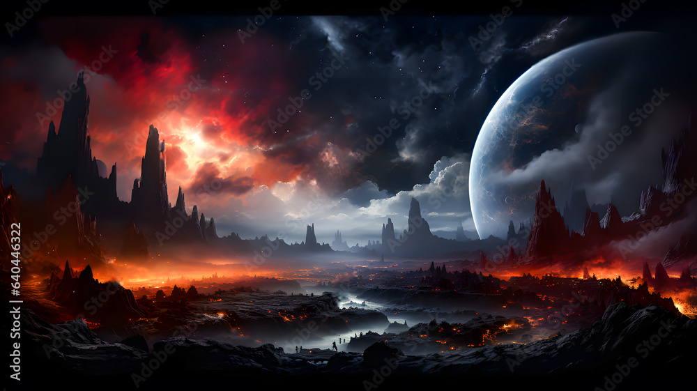 Wall mural space scene with stars, planets and asteroids in the galaxy. panorama. abstract universe filled with