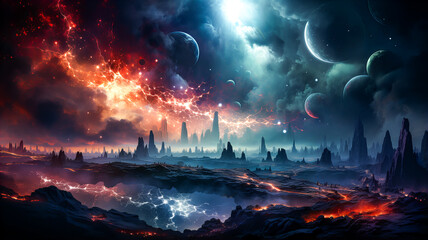Obraz premium Space scene with stars, planets and asteroids in the galaxy. Panorama. Abstract Universe filled with stars, planets, asteroids, nebula and galaxy. Generative AI technology.