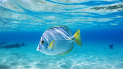 Fototapeta na wymiar Close up of a Surgeonfish swimming in the clear Ocean. Natural Background with beautiful Lighting