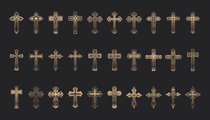 Flat Vector Golden Christian Cross Icons Set. Line Silhouette Cut Out Christian Crosses Collection