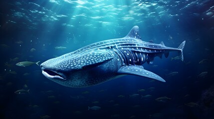 Close up of a Whale Shark swimming in the deep Ocean. Natural Background with beautiful Lighting	